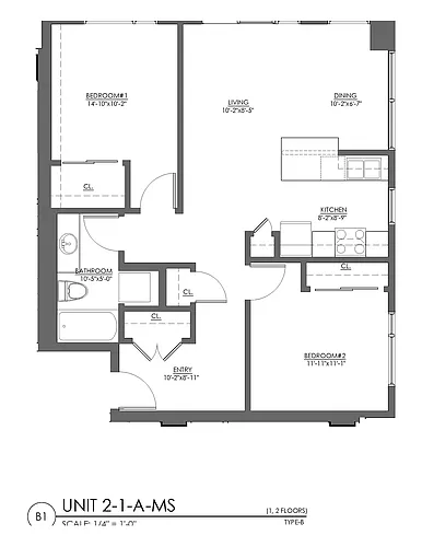 Floor plan 2 Bed 1 Bath - 897 sqft