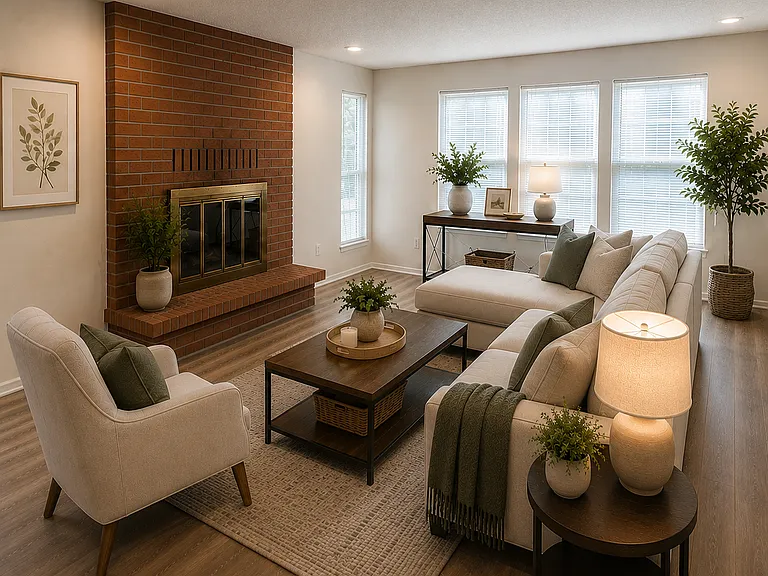 Living room virtually staged to demonstrate furniture placement and room potential. Furniture not included.