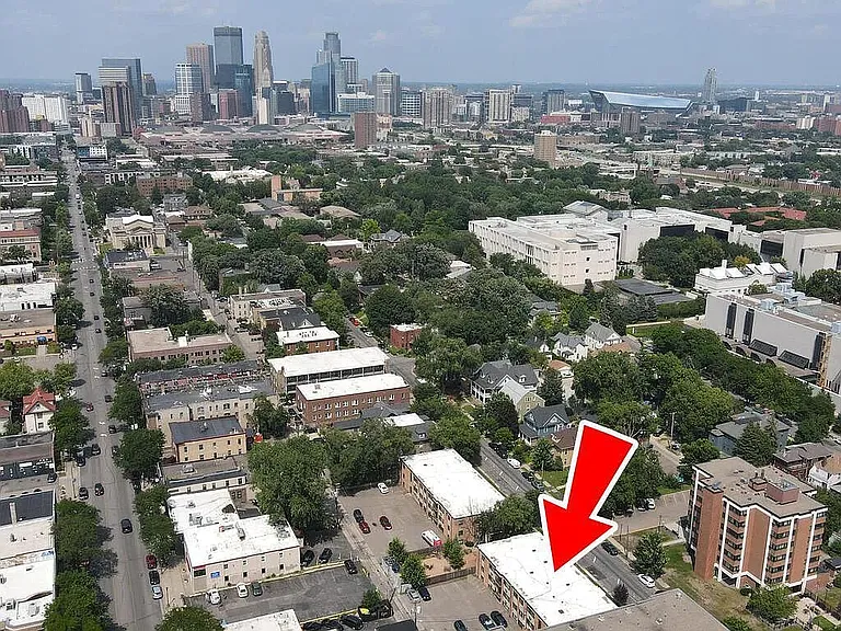 Aerial view of building.