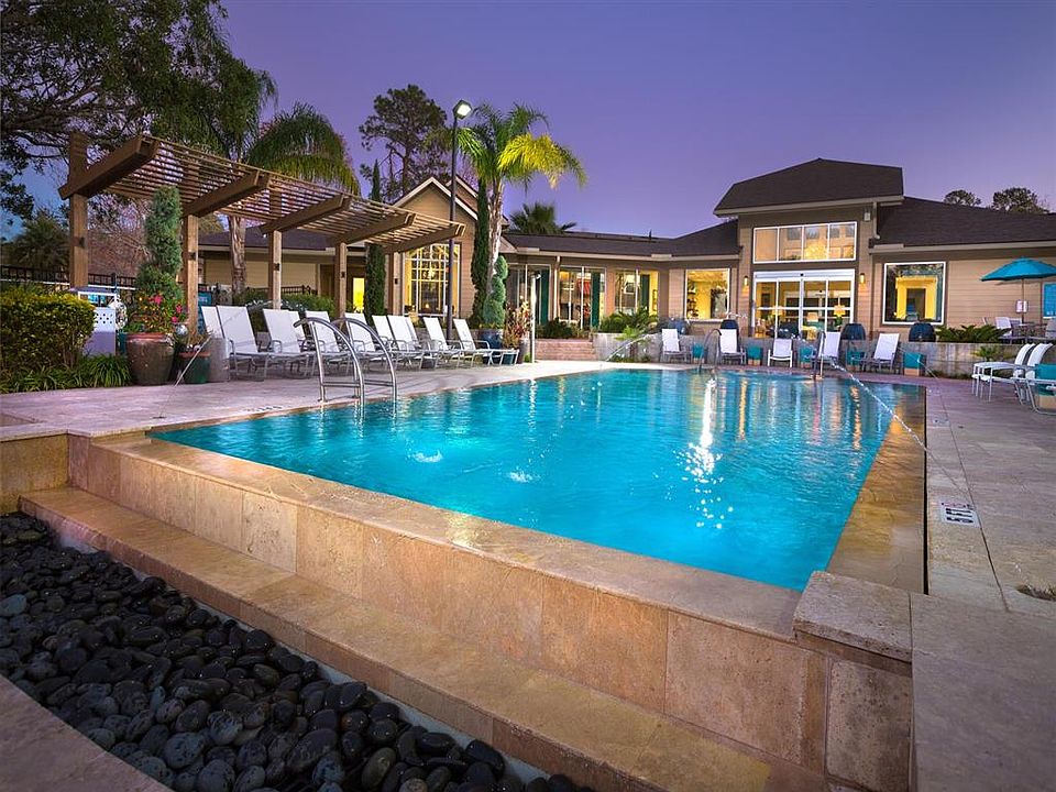Twilight pool deck, one of five pools