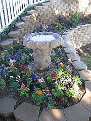 frontyard, garden, wall, birdbath