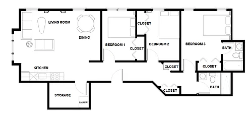 Floor plan Low Rise Apartment 3 Bed 2 Bath 3