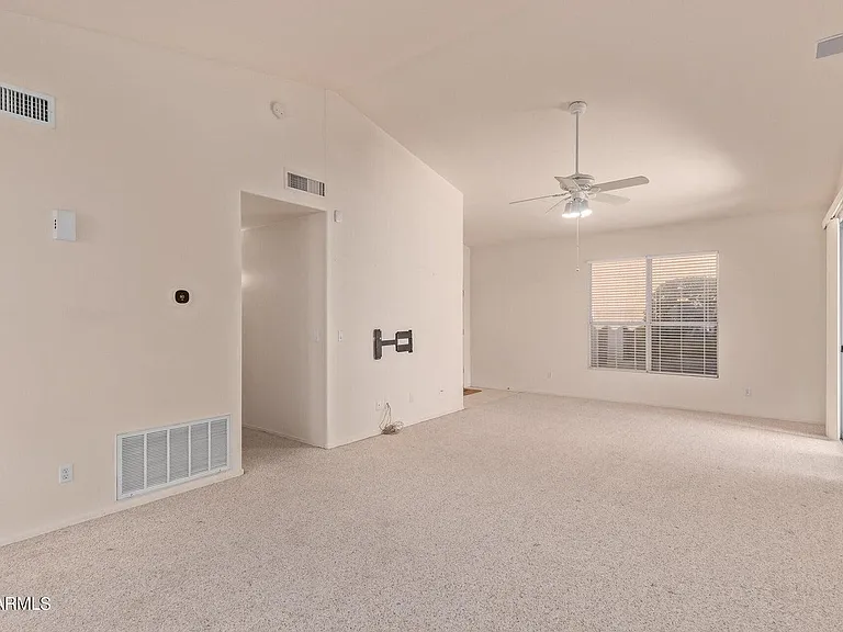 Large open concept living room with slider to back door and Kitchen