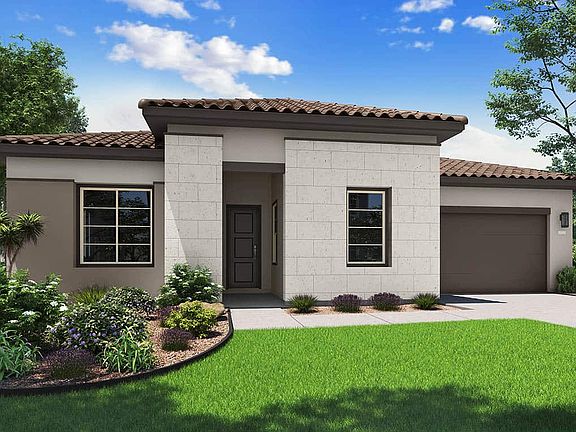 Elevation B features the Santa Barbara exterior style. Shown with Optional Golf Cart Garage