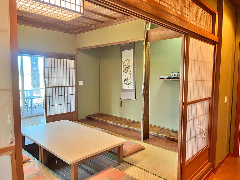 Japanese tea room crafted by artisans from Japan with tatami mats and shoji doors