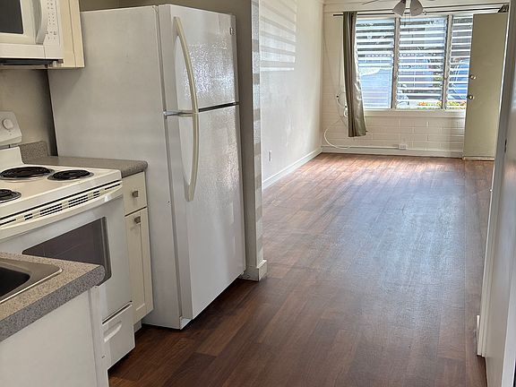 Kitchen is updated with newer cabinets. Door leads to the back lanai area.