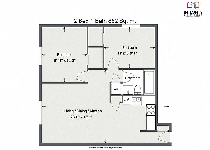 Floor plan 2 Bedroom 1 Bath (882sqft)