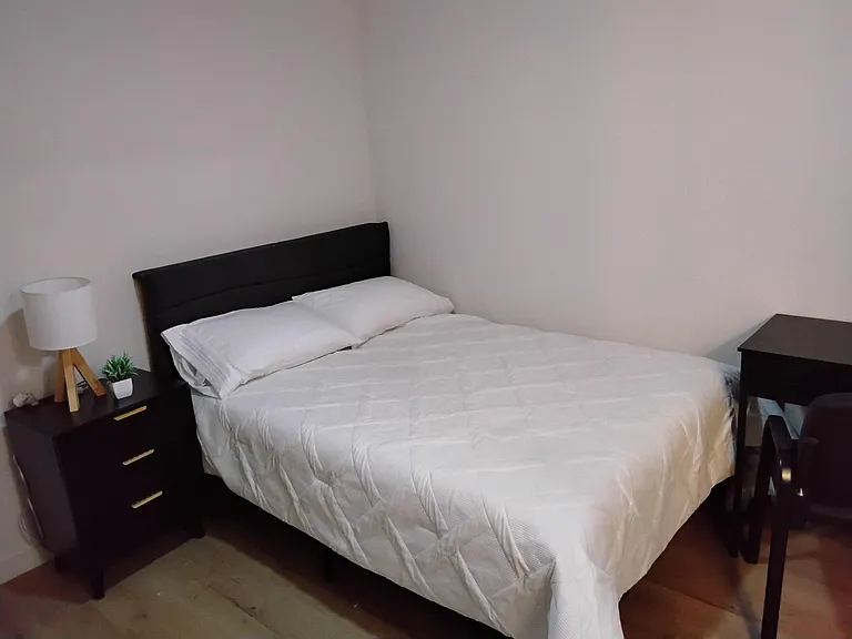 Furnished bedroom with a full bed, nightstand, and dedicated desk area for comfortable living and studying.