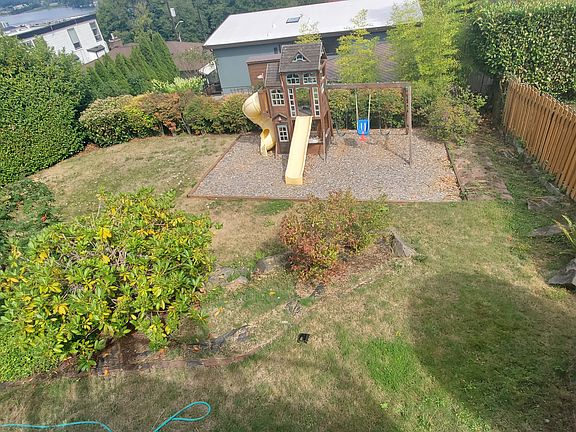 Backyard with grass, kids' play structure, and blueberry bushes
