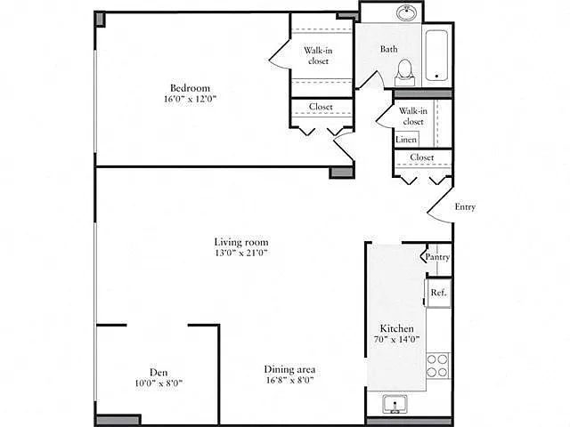 Floor plan 1 Bedroom, 1 Bath + Den 957 SF 1D1