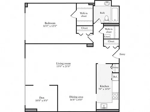 Floor plan 1 Bedroom, 1 Bath + Den 957 SF 1D1