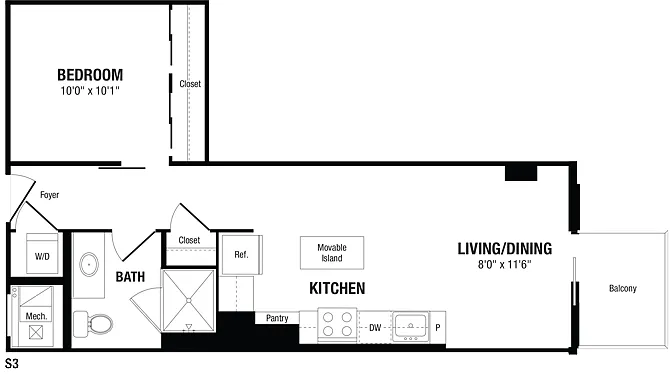Floor plan Studio, 1 Bath 568 SF S3