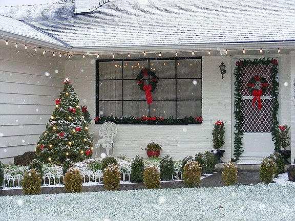 Front exterior during Christmas season