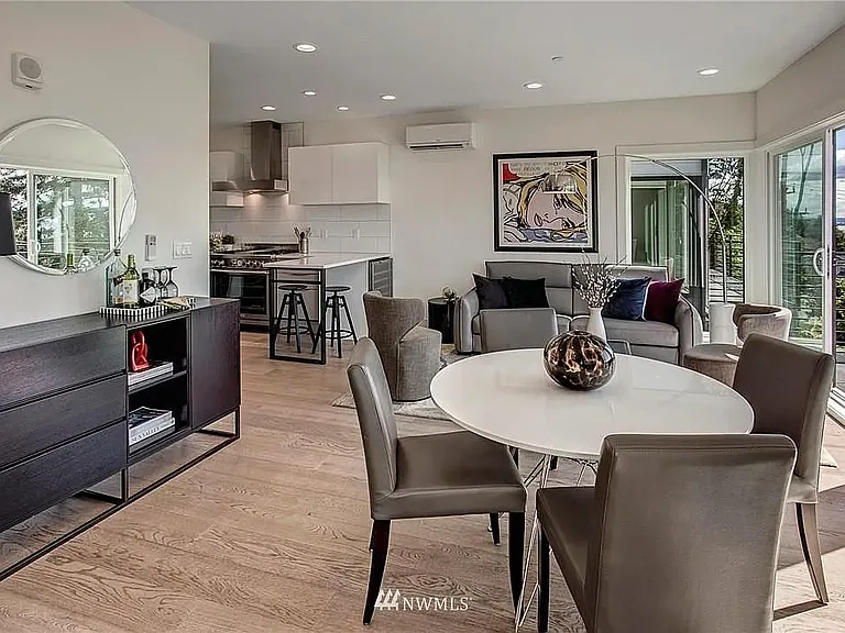 Bright dining and living spaces.