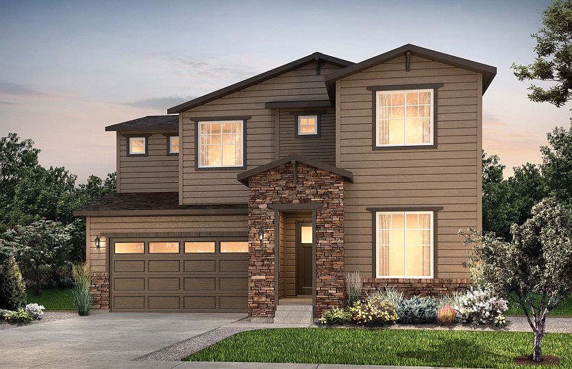 The Quincy shown in Elevation A designed with classic shake siding, pitched gable roofs, and stylish