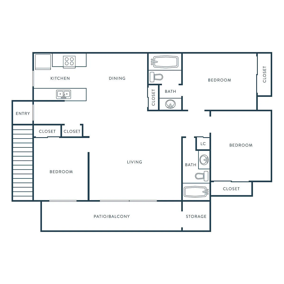 Floor plan 3 Bed, 2 Bath D