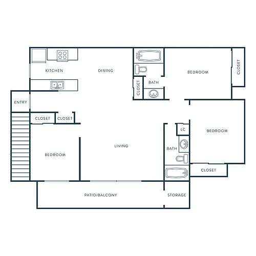 Floor plan 3 Bed, 2 Bath D