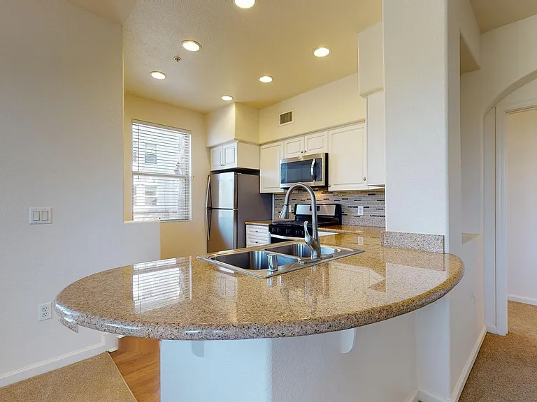Apartment kitchen with stainless steel appliances, granite countertops, and plush carpet flooring.