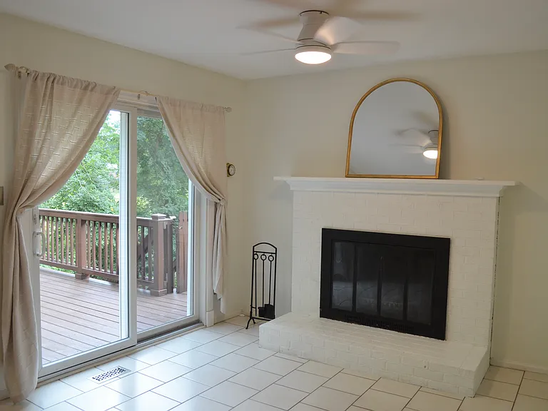 Freshly painted kitchen and fireplace.