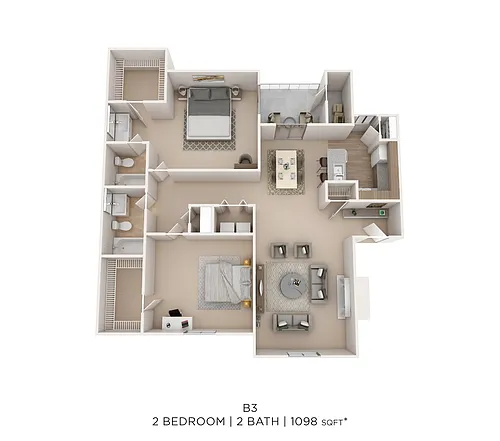 Floor plan Two Bed Two Bath 1098 Sqft