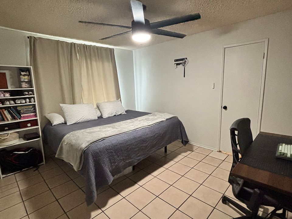Approximately 14x13ft. Ceiling fan. A/C window unit.