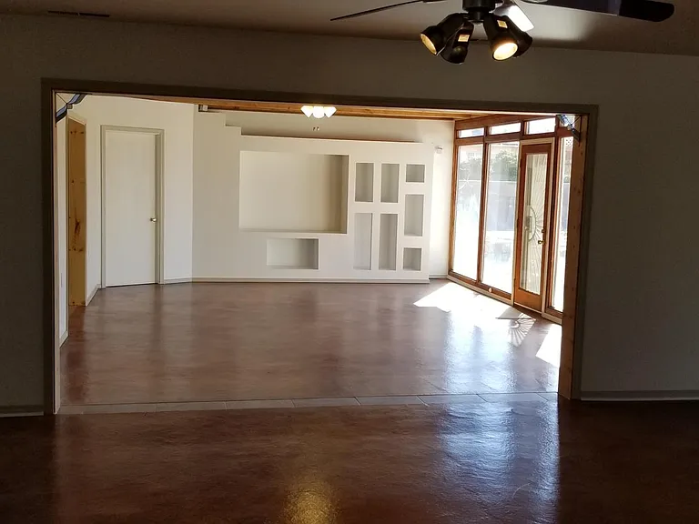 View from Open Kitchen at huge Dining Room and Living Room w