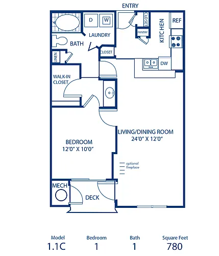 Floor plan 1BR 1BA 780 sqft