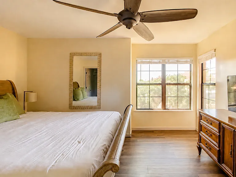 Primary bedroom with a walk-in closet, ceiling fan and ample lighting throughout