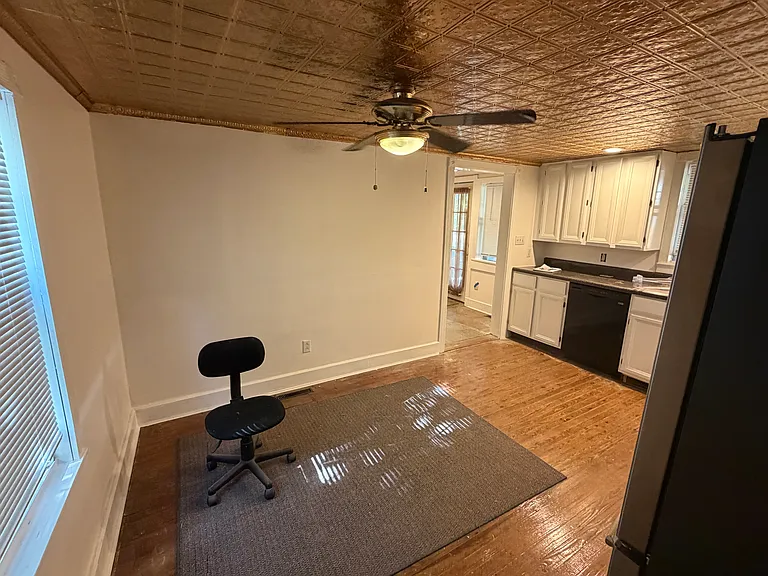 Kitchen with hardwood floors and tin ceiling