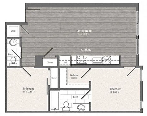 Floor plan Benton J 1 BD 1 BA + DEN