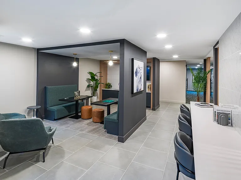 Relax in style at Modera Montville's 2nd floor lobby, featuring comfortable seating perfect for unwinding or socializing with neighbors.
