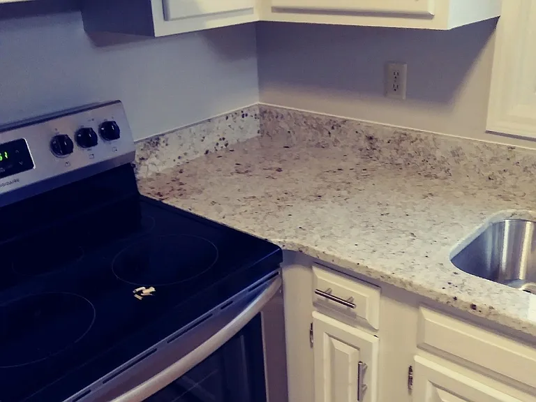 Kitchen cabinets and granite countertops.