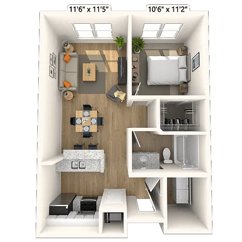 Floor plan Traditional 1x1 676 SF