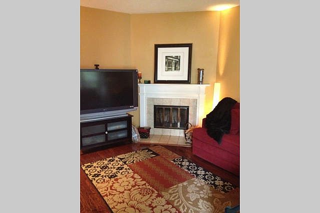 Living room with wood burning fireplace