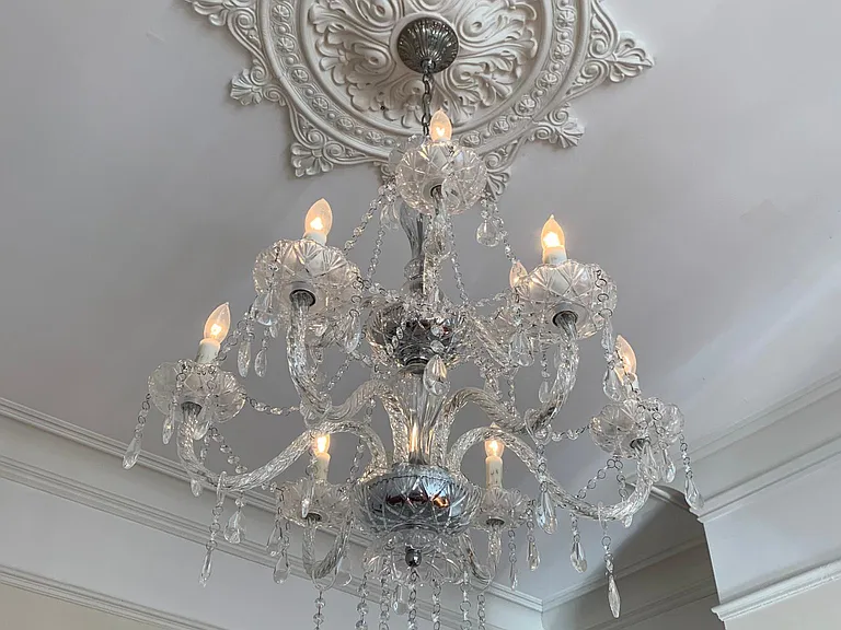 Rosette, crown molding, and chandelier.