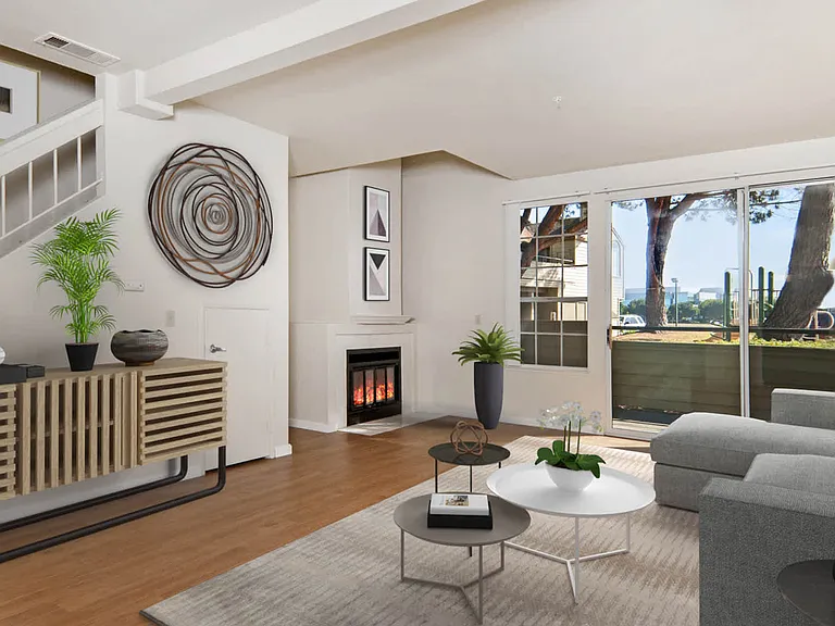 Living Room with Hard Surface Flooring, Fireplace and Patio