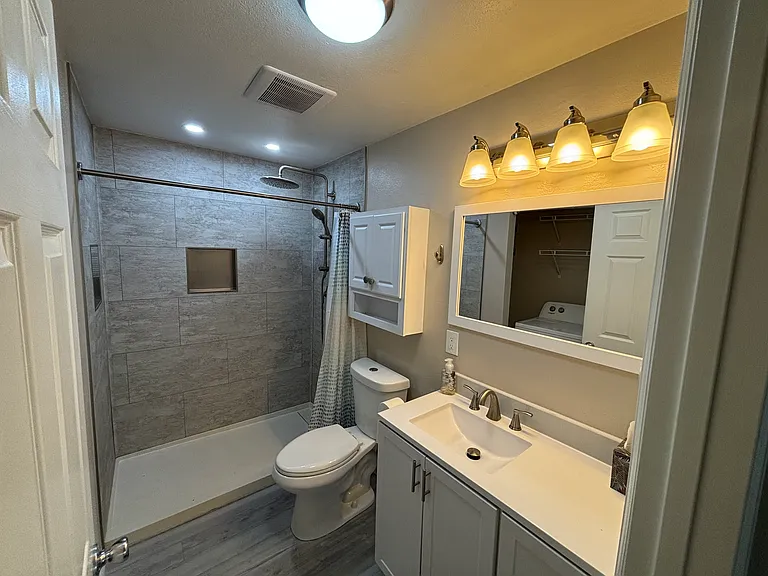 Remodeled bathroom with rainfall shower head.