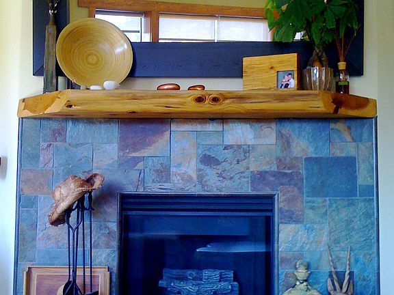 Slate & natural wood mantle, custom designed and built