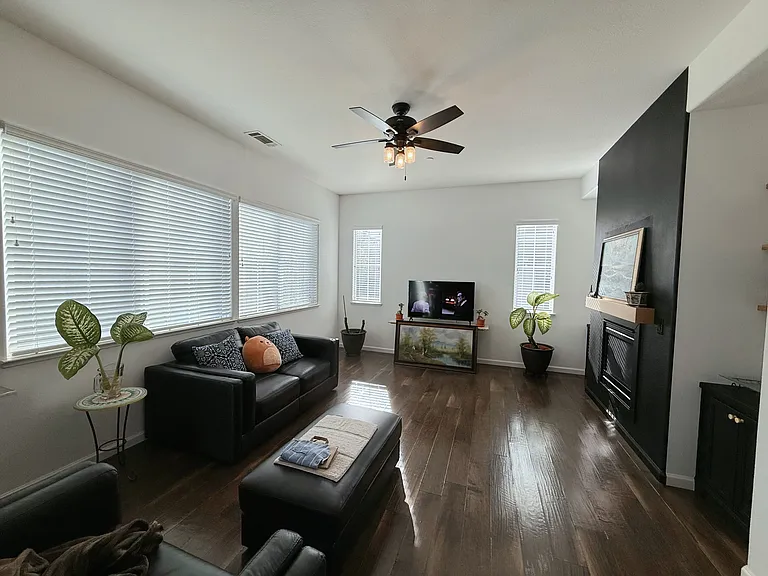 Downstairs family room with fireplace