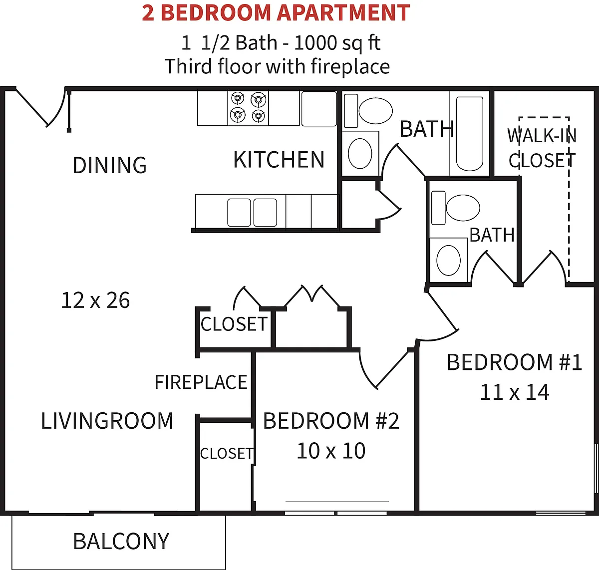 Floor plan 2 Bedroom with Fireplace
