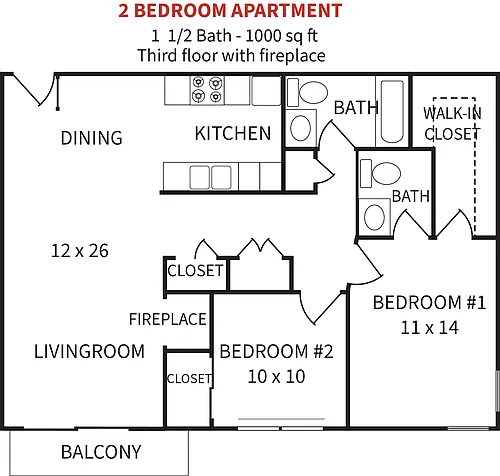 Floor plan 2 Bedroom with Fireplace