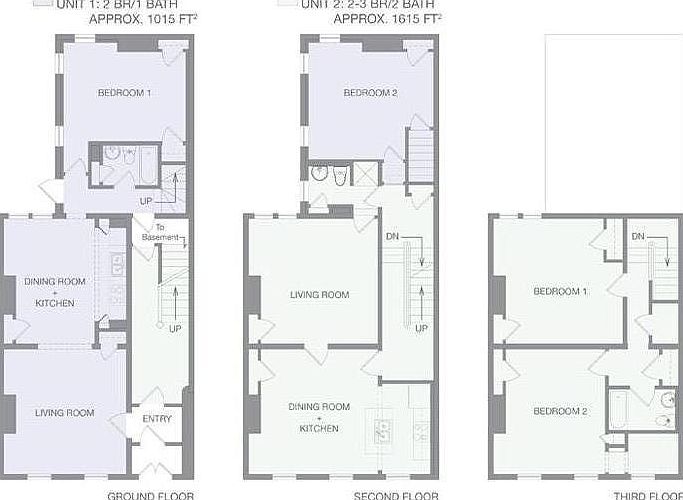 Building floor plans: Apartment 2 is shaded green.
