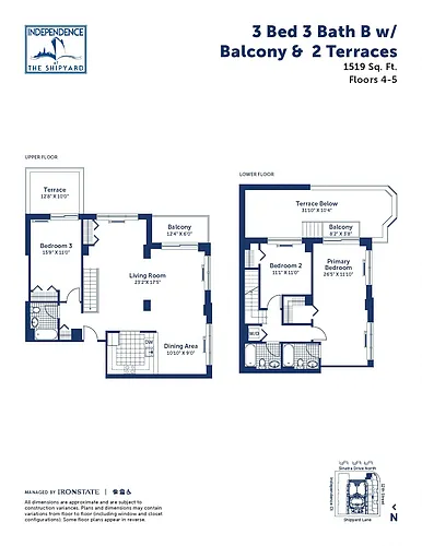 Floor plan 3 Bed 3 Bath B With Balcony and 2 Terraces