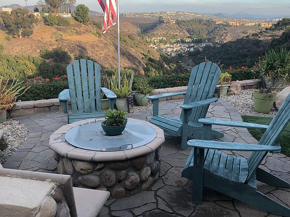 Built-in fire pit in the backyard. Seats five comfortably on the bench.