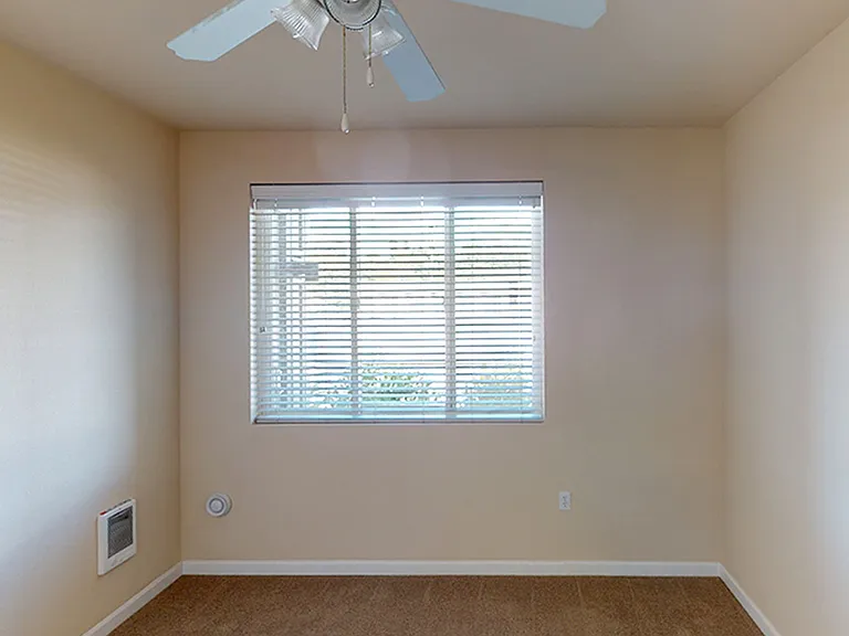 Spacious apartment bedroom with plush carpet flooring.