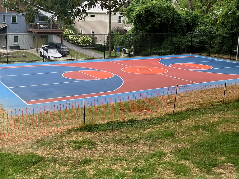 Brand new playground and basketball area with a large field for your pup to run around in. Just one block from the home!