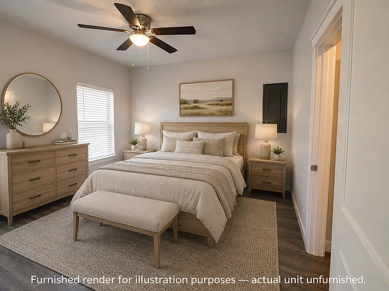 Furnished render for illustration purposes _ actual unit unfurnished.