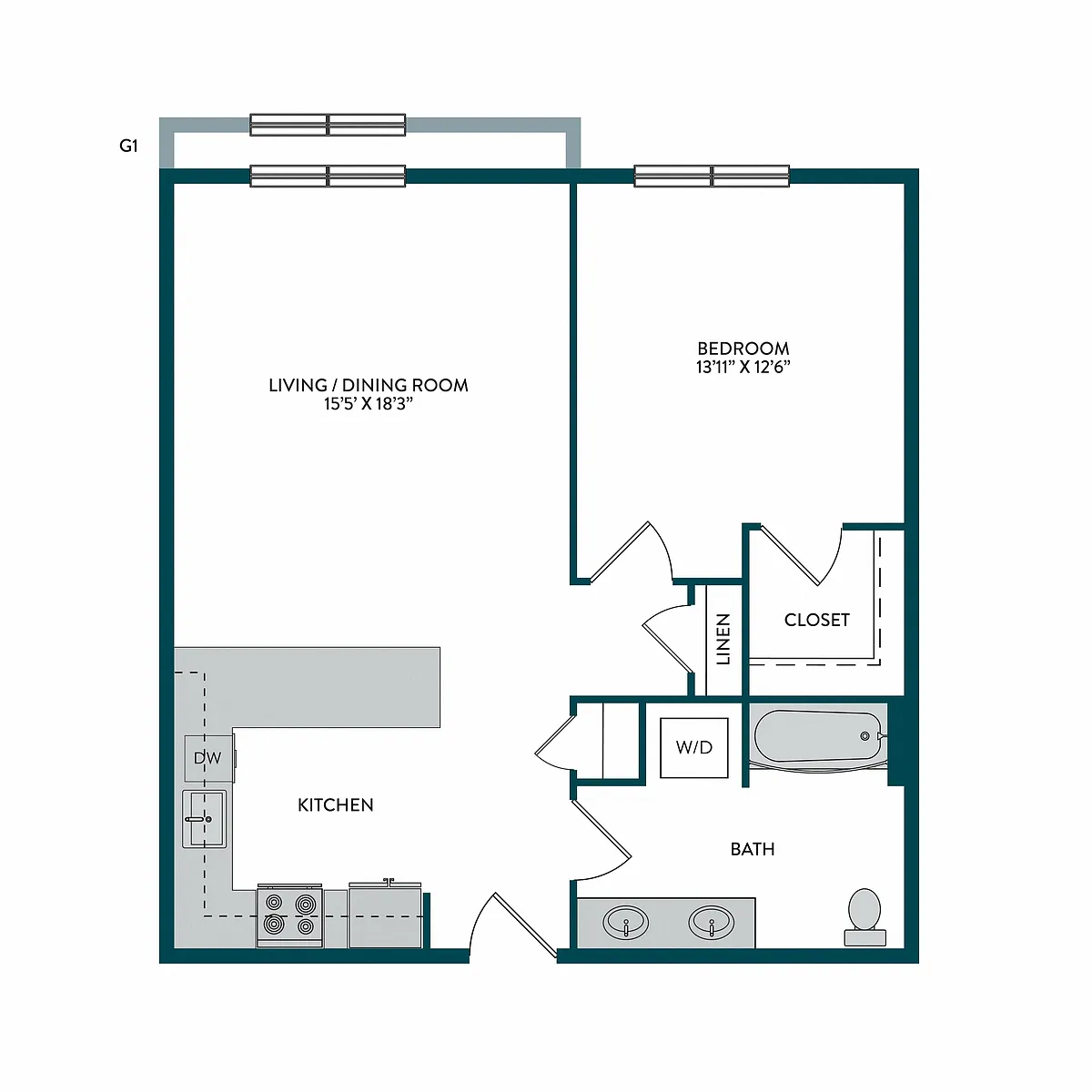 Floor plan 1BR 1BA T