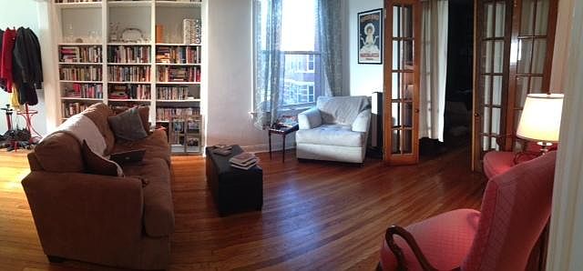 Living room with built-in bookshelves