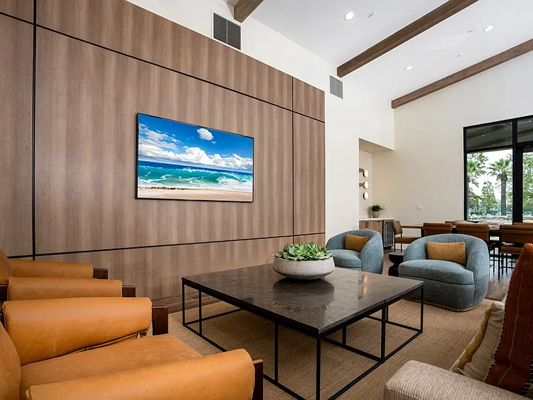 Modern Clubroom Featuring Lounge Chairs, Mounted TV, and Decorative Coffee Table